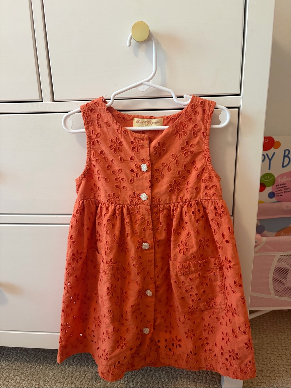 Sweet Magnolia Orange Eyelet Dress White Rose Buttons Girls Size 5 Cotton